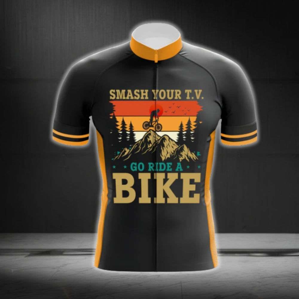 Smash Your T.V Go Ride A Bike Short Sleeve Men's Cycling Jersey, Funny Cycling Jerseys For Mens CG0402