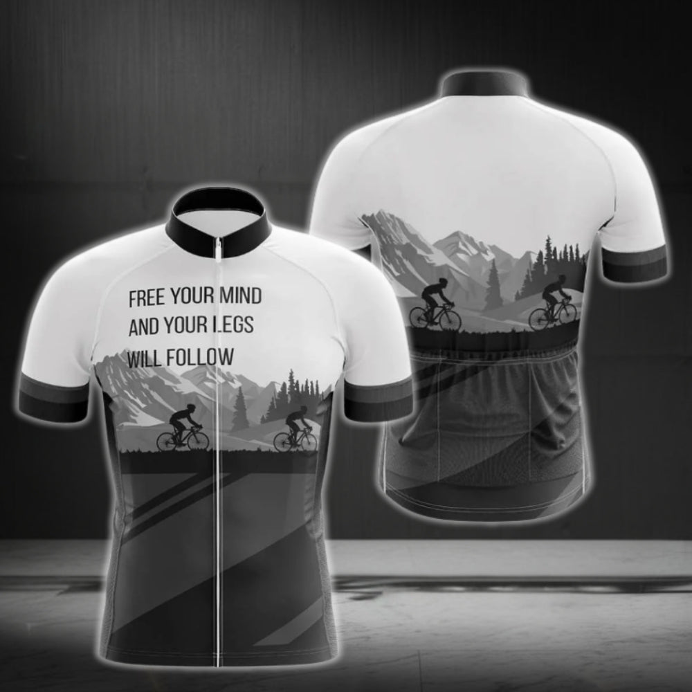 Free Your Mind And Your Leg Will Follow Men's Cycling Short Sleeve Jersey, Black And White Cycling Jersey For Men CG0030
