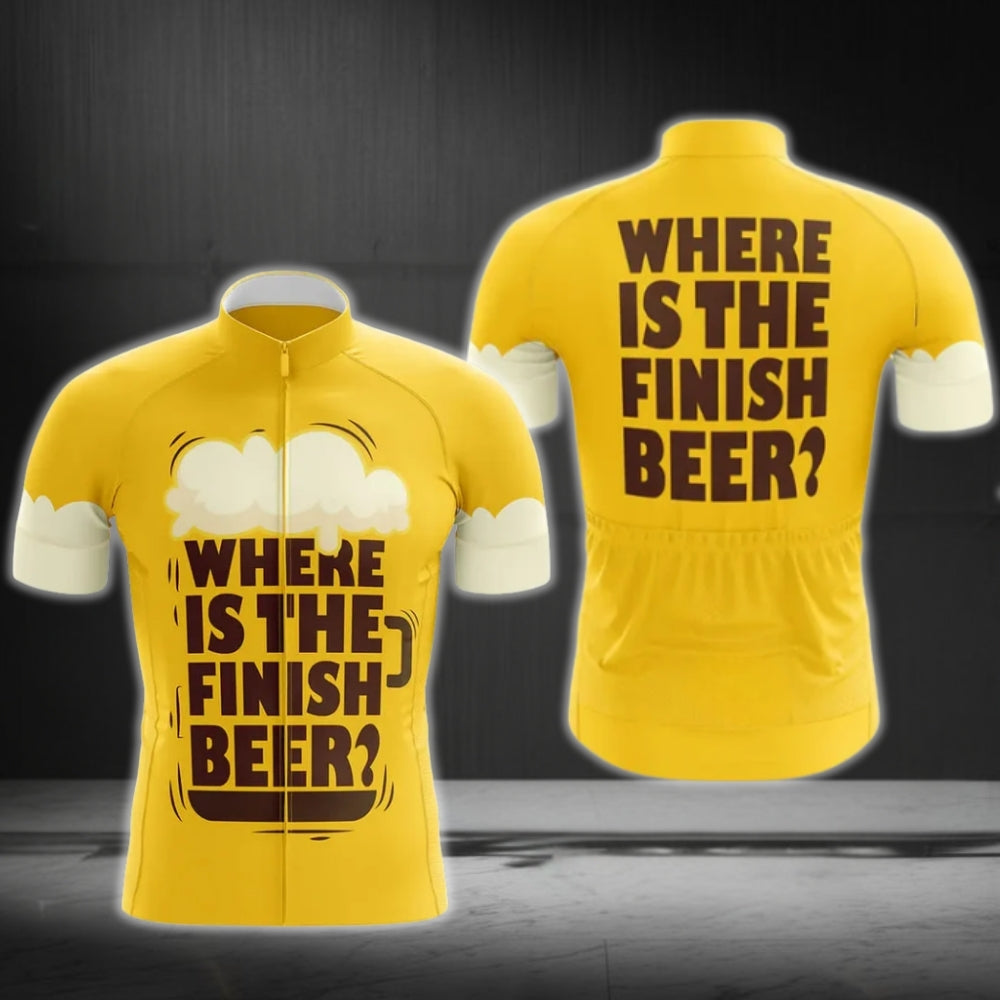 Where Is The Finish Beer Yellow Cycling Short Sleeve Men's Jersey, Funny Beer Cycling Jerseys CG0304