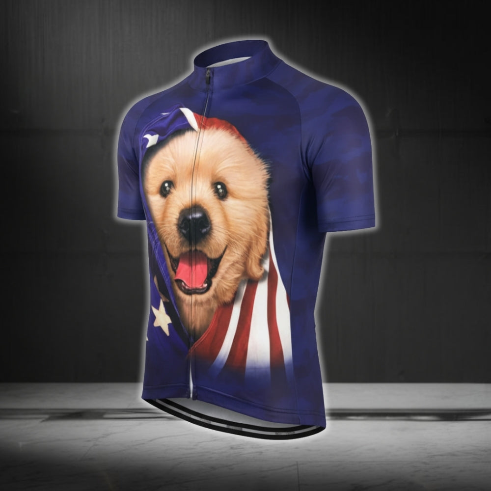 Puppy American Flag Men's Cycling Short Sleeve Jersey, Dog Patriotic Cycling Jerseys CG0364