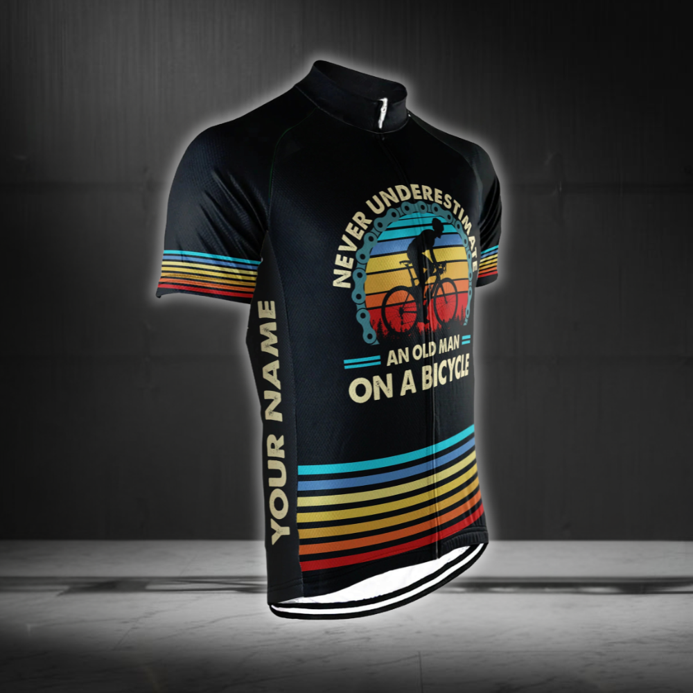 Custom Never Overestimate An Old Man On A Bicycle Cycling Short Sleeve Jersey For Men, Custom Funny Black Cycling Jersey CG0833