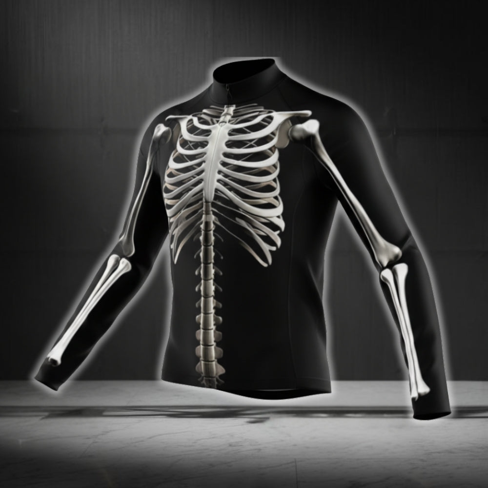 Black And White Skeleton Long Sleeve Cycling Mens Jersey, Skeleton Cycling Jerseys CG0719
