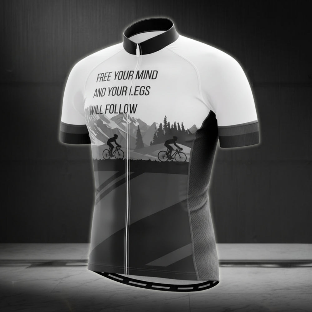 Free Your Mind And Your Leg Will Follow Men's Cycling Short Sleeve Jersey, Black And White Cycling Jersey For Men CG0030