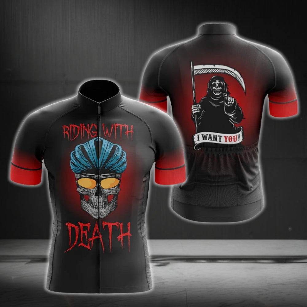 Riding With Death Men's Black Red Skull Cycling Short Sleeve Jersey, Skull Cycling Jerseys CG0179