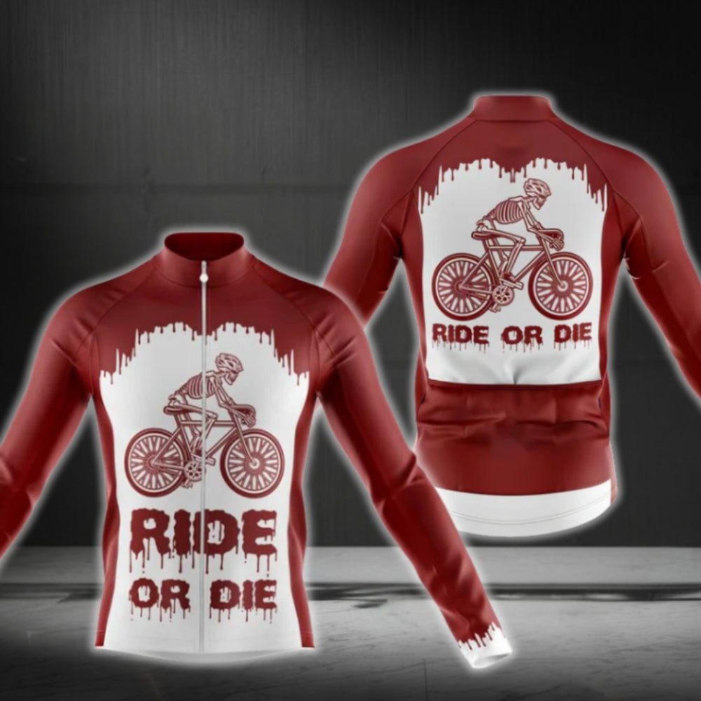 Ride Or Die Skull Red And White Long Sleeve Cycling Jersey For Men, Skull Cycling Jerseys CG0405