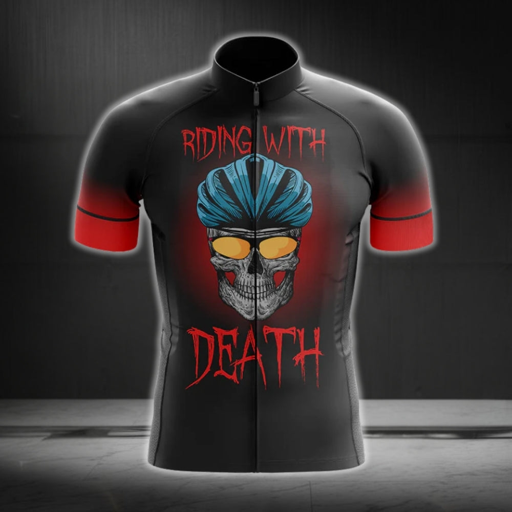 Riding With Death Men's Black Red Skull Cycling Short Sleeve Jersey, Skull Cycling Jerseys CG0179