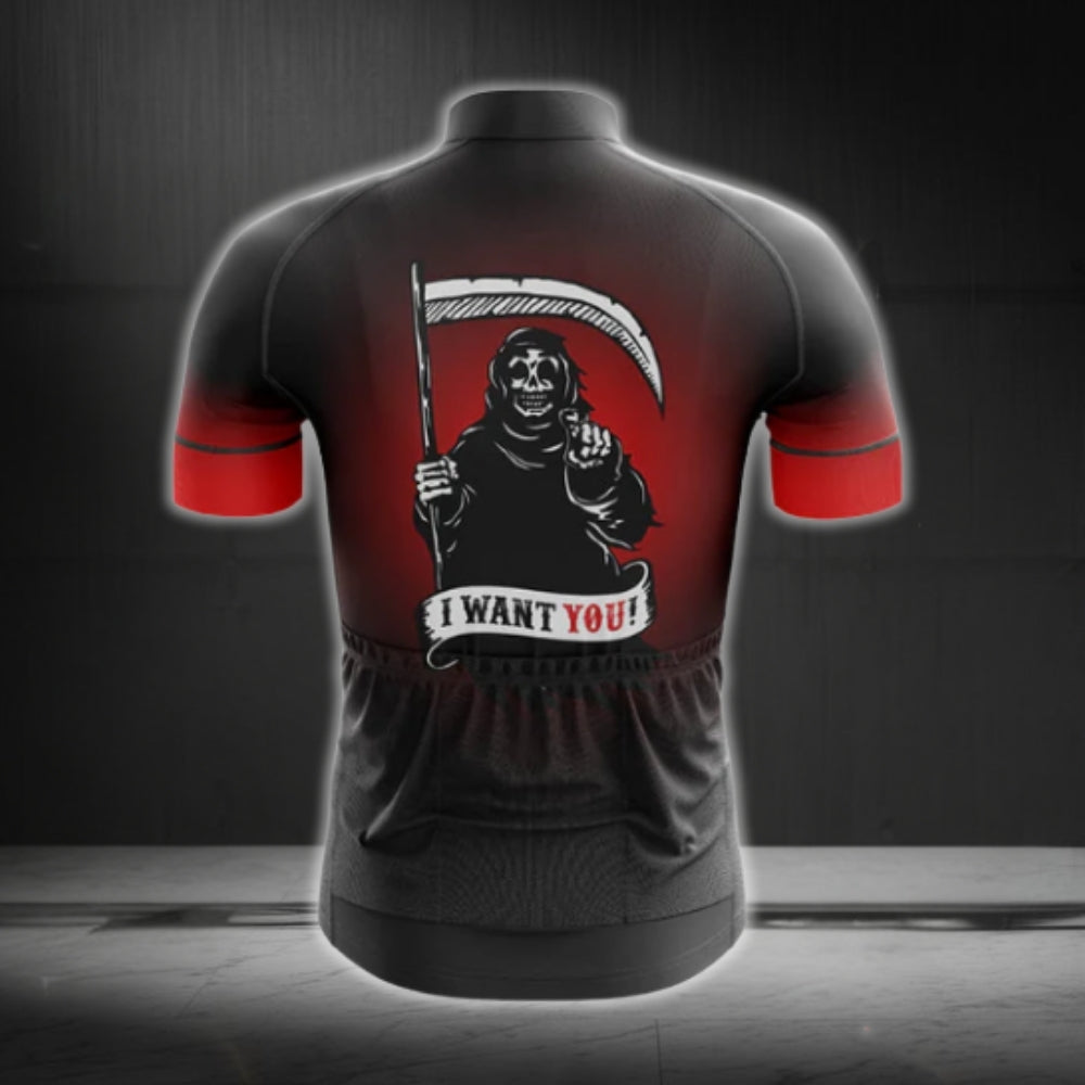 Riding With Death Men's Black Red Skull Cycling Short Sleeve Jersey, Skull Cycling Jerseys CG0179