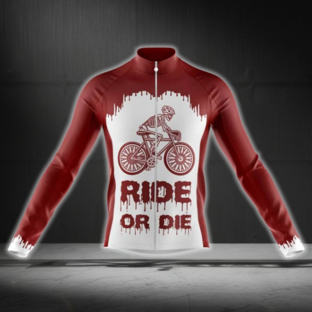 Ride Or Die Skull Red And White Long Sleeve Cycling Jersey For Men, Skull Cycling Jerseys CG0405