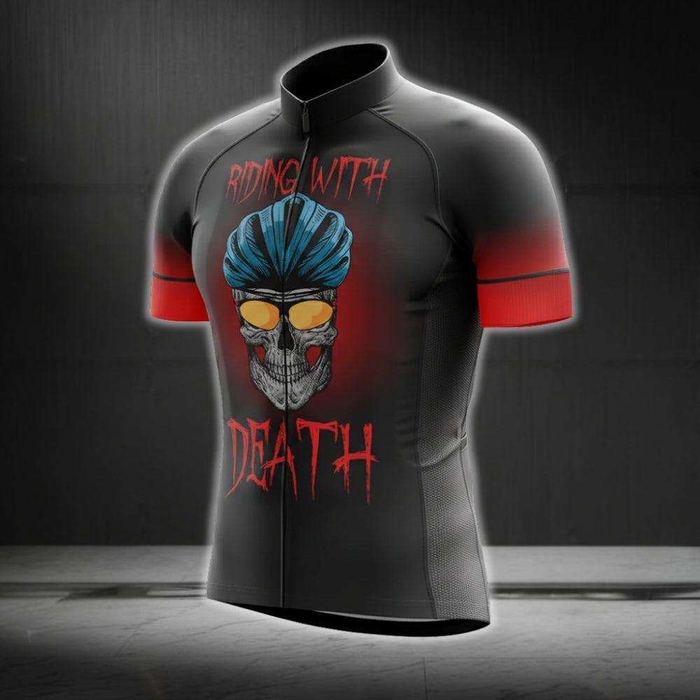 Riding With Death Men's Black Red Skull Cycling Short Sleeve Jersey, Skull Cycling Jerseys CG0179