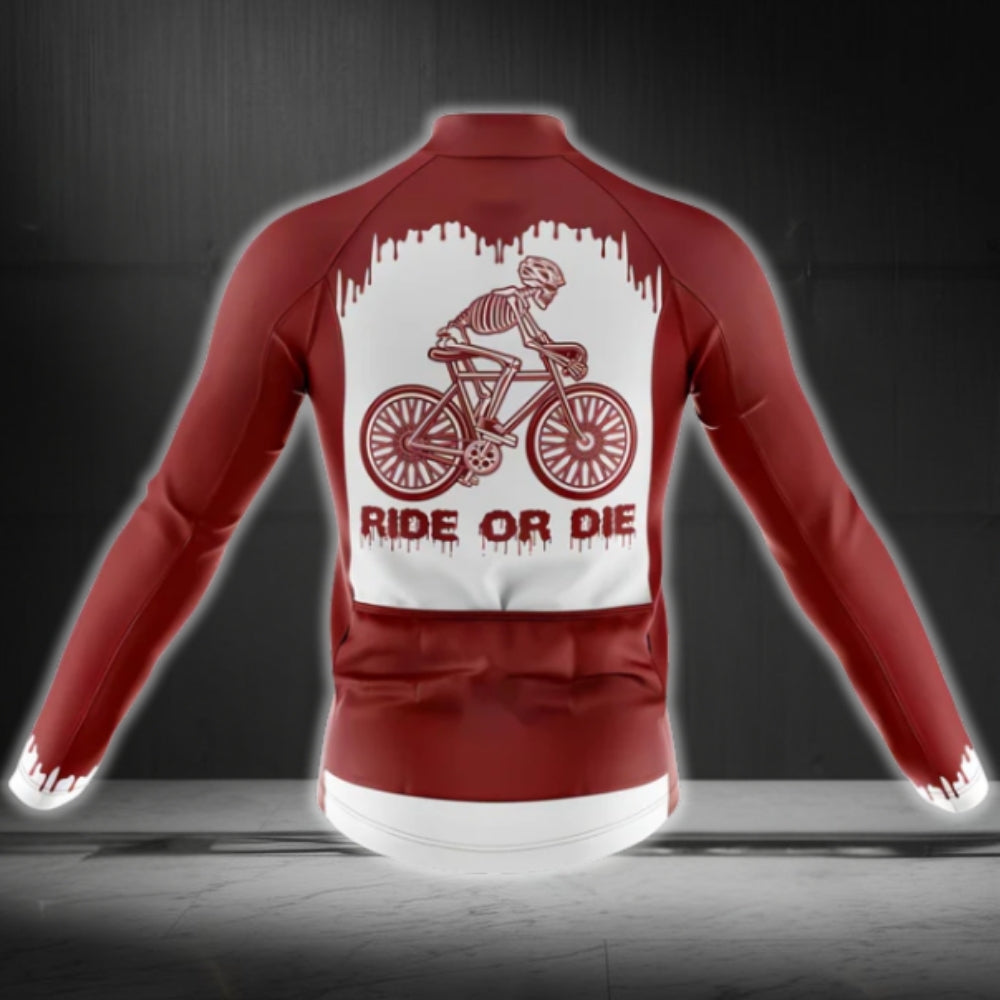 Ride Or Die Skull Red And White Long Sleeve Cycling Jersey For Men, Skull Cycling Jerseys CG0405