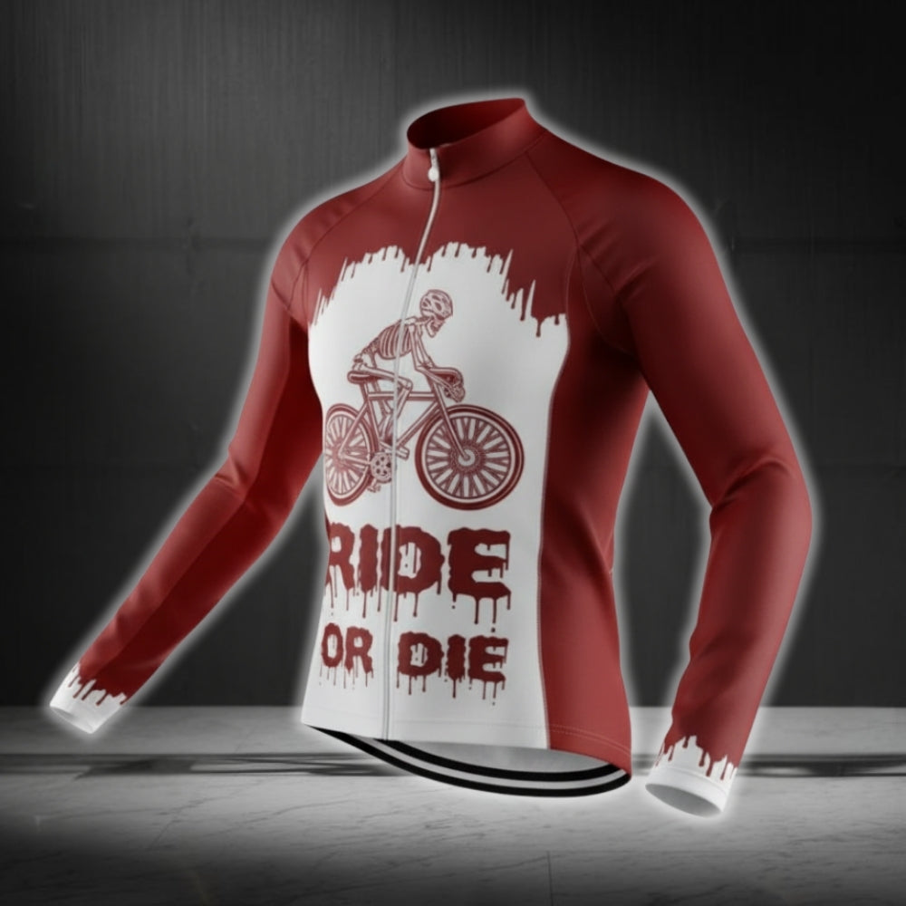 Ride Or Die Skull Red And White Long Sleeve Cycling Jersey For Men, Skull Cycling Jerseys CG0405