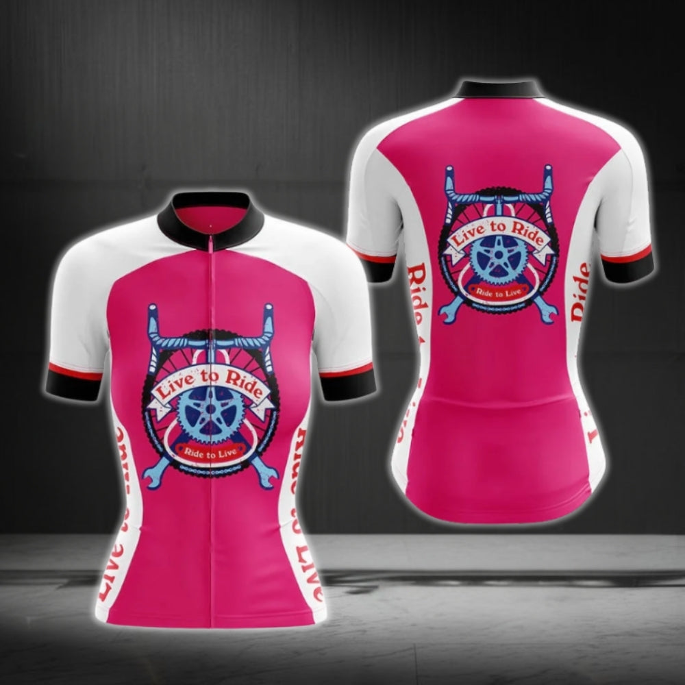 Live To Ride Women's Cycling Short Sleeve Jersey, White And Pink Cycling Jersey For Ladies CG0759