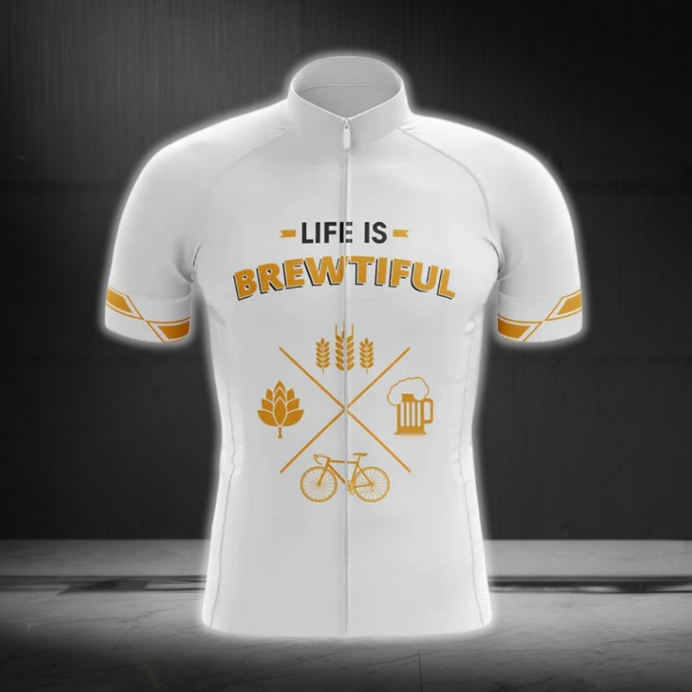 Life Is Brewtiful White And Yellow Men's Beer Cycling Short Sleeve Jersey, Funny Beer Cycling Jerseys CG0180