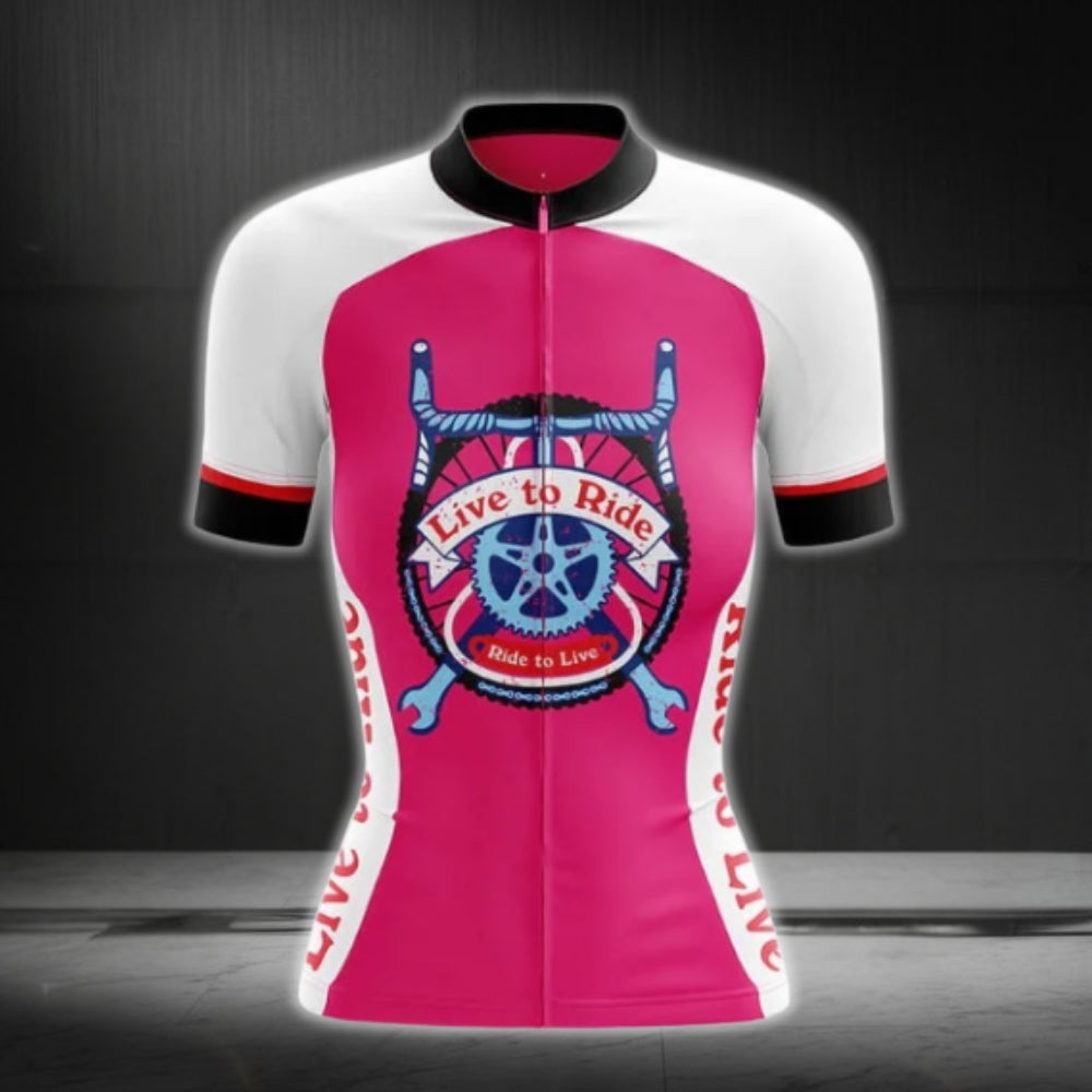 Live To Ride Women's Cycling Short Sleeve Jersey, White And Pink Cycling Jersey For Ladies CG0759
