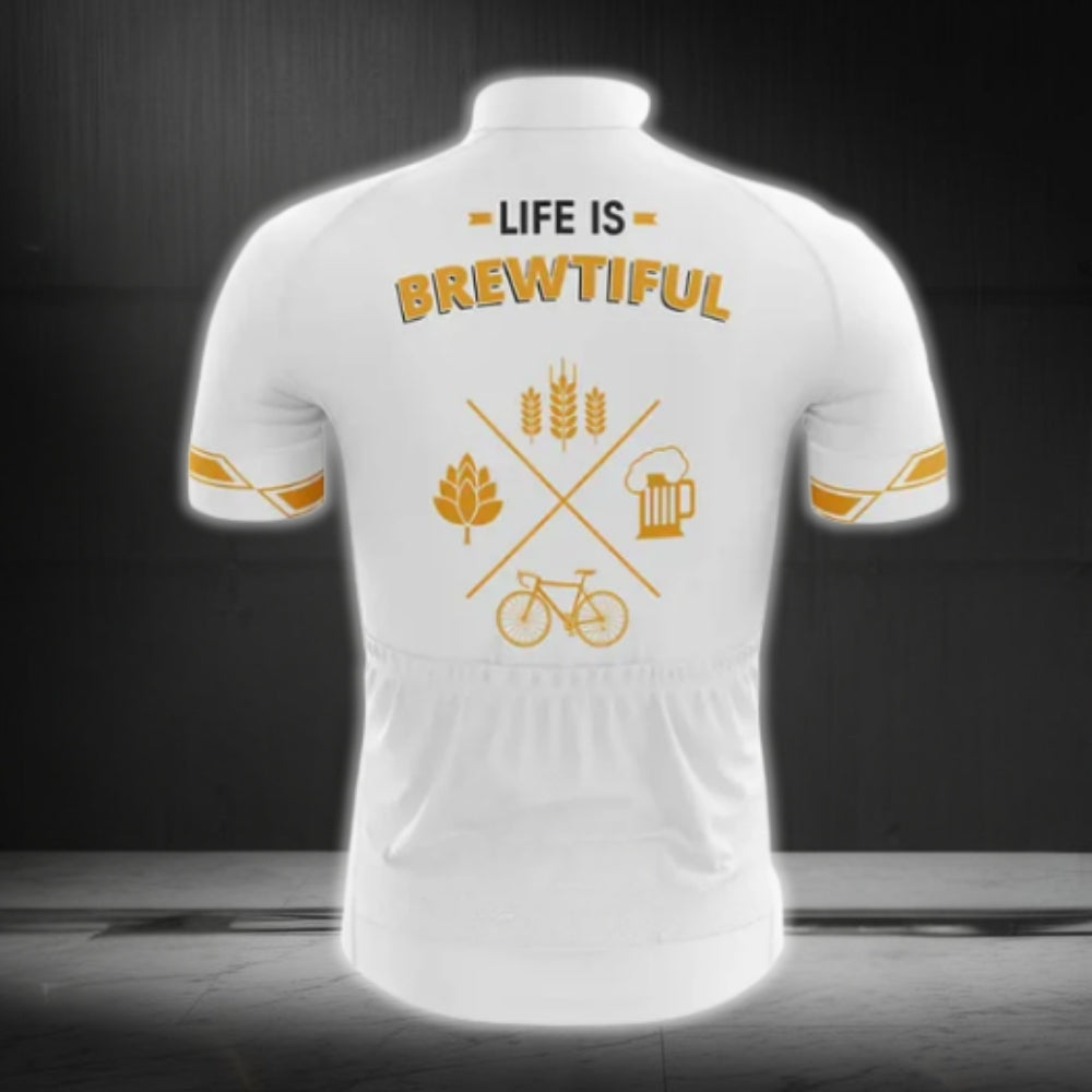 Life Is Brewtiful White And Yellow Men's Beer Cycling Short Sleeve Jersey, Funny Beer Cycling Jerseys CG0180