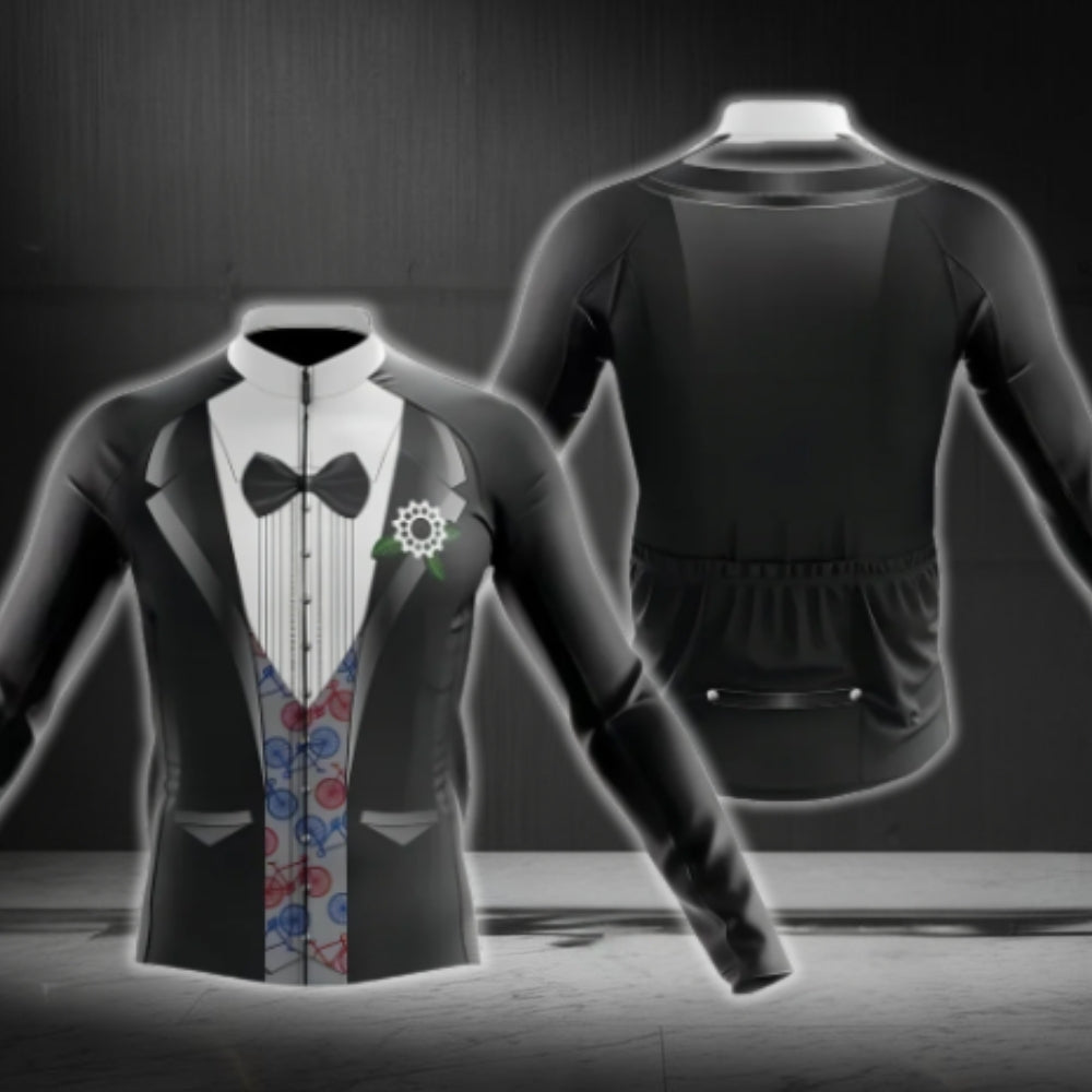 Tuxedo Black And White Long Sleeve Cycling Jersey For Men, Tuxedo Cycling Jerseys CG0722