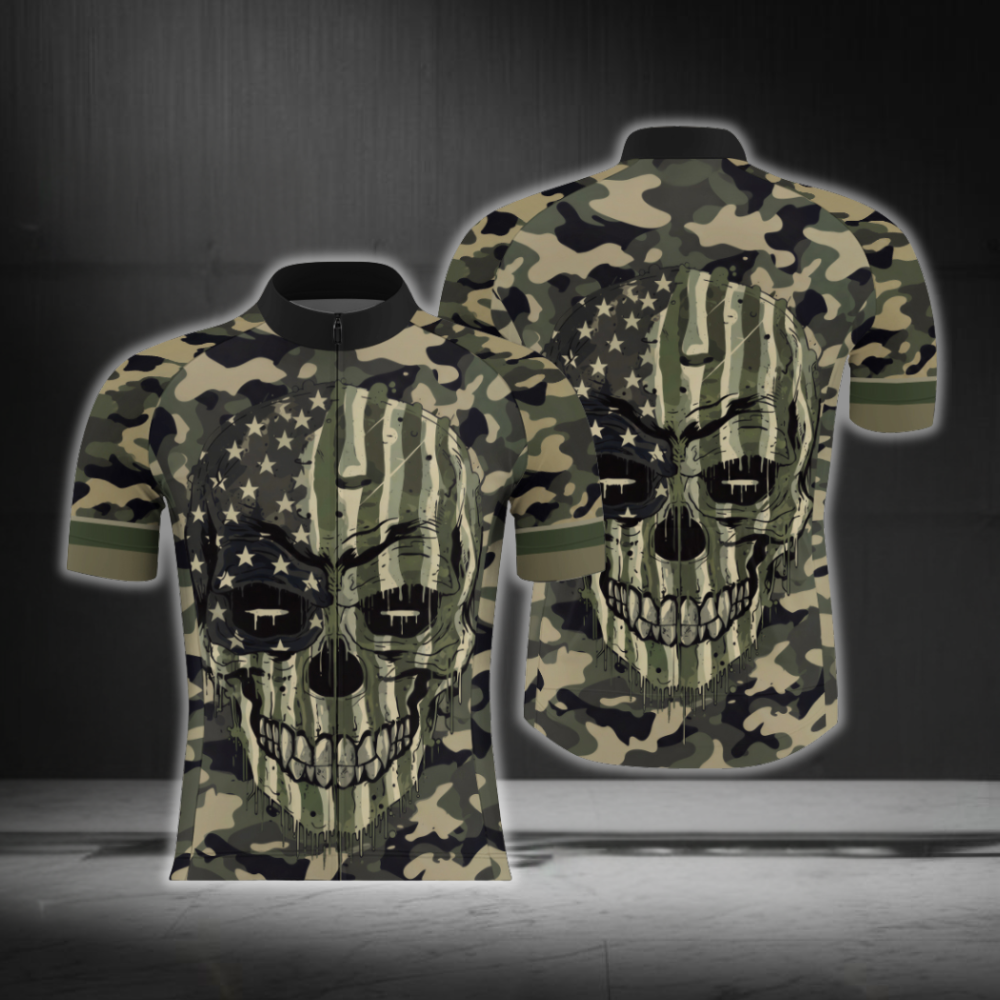 Skull Green Camo Cycling Short Sleeve Men Jersey USA Flag, Skull Cycling Jersey CG0880