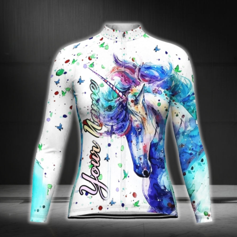 Custom Multicolor Unicorn Long Sleeve Cycling Jersey For Women, Custom Unicorn Cycling Jerseys CG0694