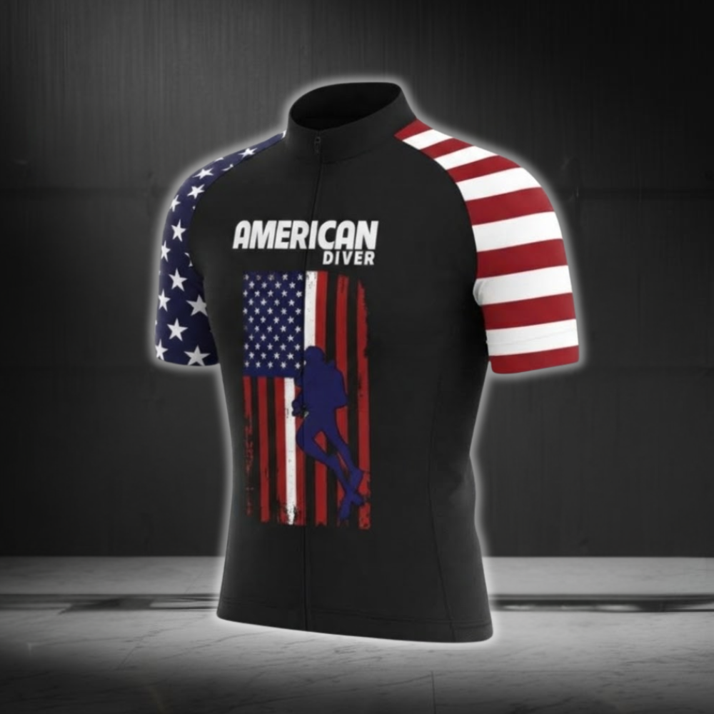 American Diver USA Flag Men's Black Cycling Short Sleeve Jersey, Patriotic Cycling Jersey CG0885