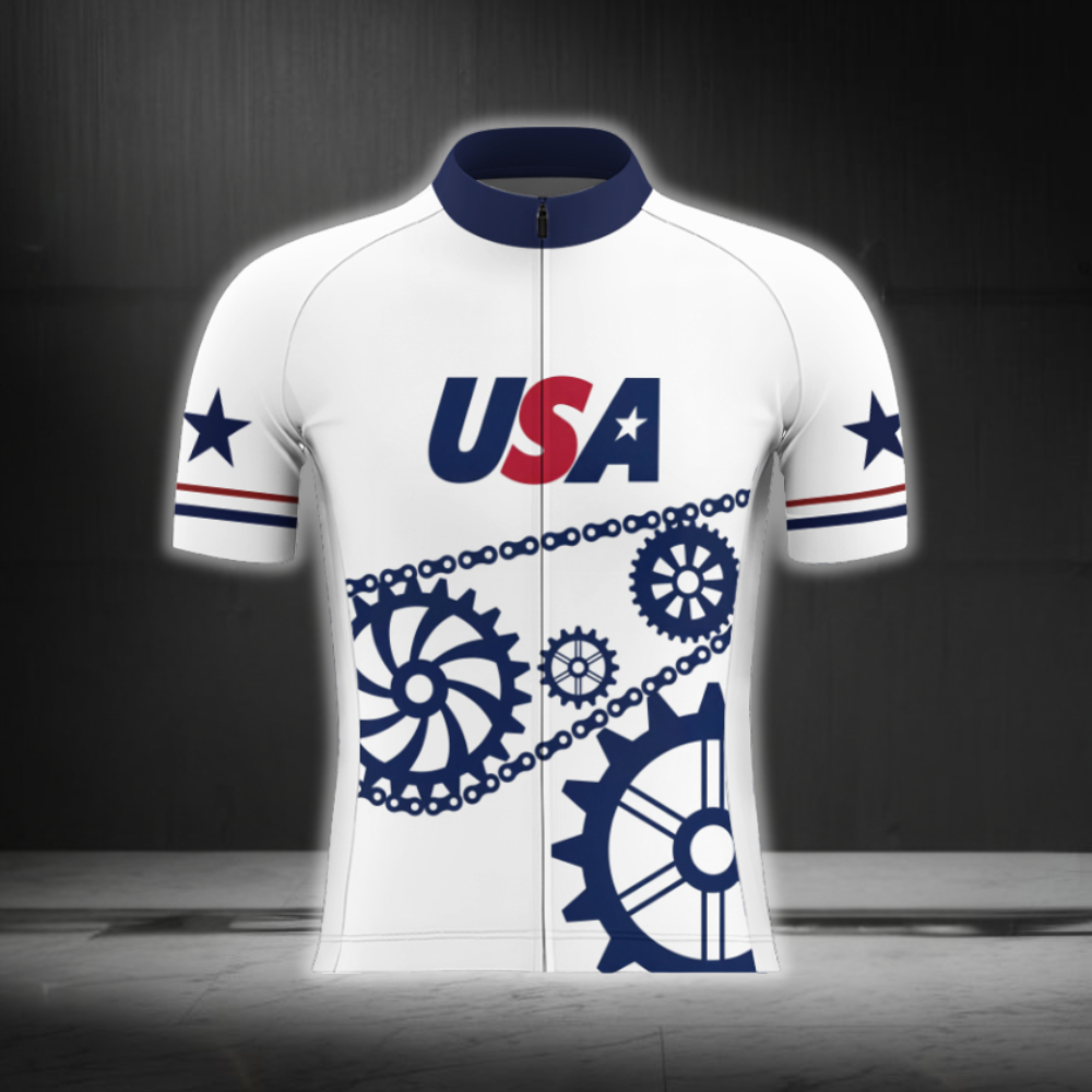 USA Flag Gear Cycling Short Sleeve Jersey For Men, White Red Blue Patriotic Cycling Jersey CG0872