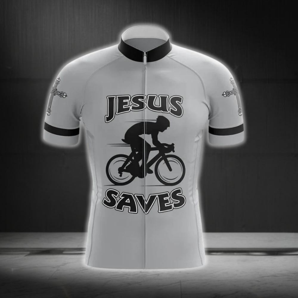 Jesus Saves Men's Grey Cycling Short Sleeve Jersey, Christian Cycling Jerseys CG0233