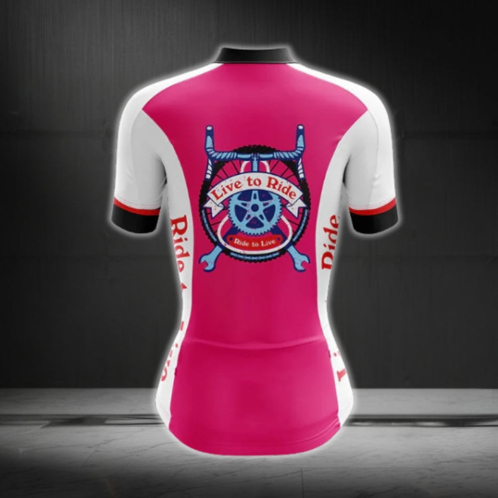 Live To Ride Women's Cycling Short Sleeve Jersey, White And Pink Cycling Jersey For Ladies CG0759