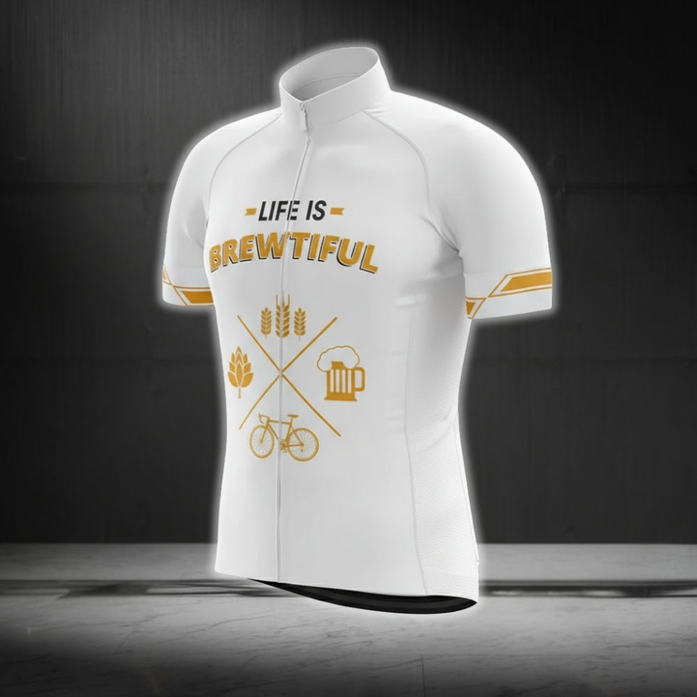 Life Is Brewtiful White And Yellow Men's Beer Cycling Short Sleeve Jersey, Funny Beer Cycling Jerseys CG0180