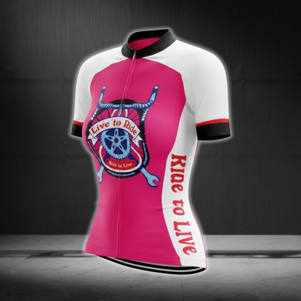 Live To Ride Women's Cycling Short Sleeve Jersey, White And Pink Cycling Jersey For Ladies CG0759