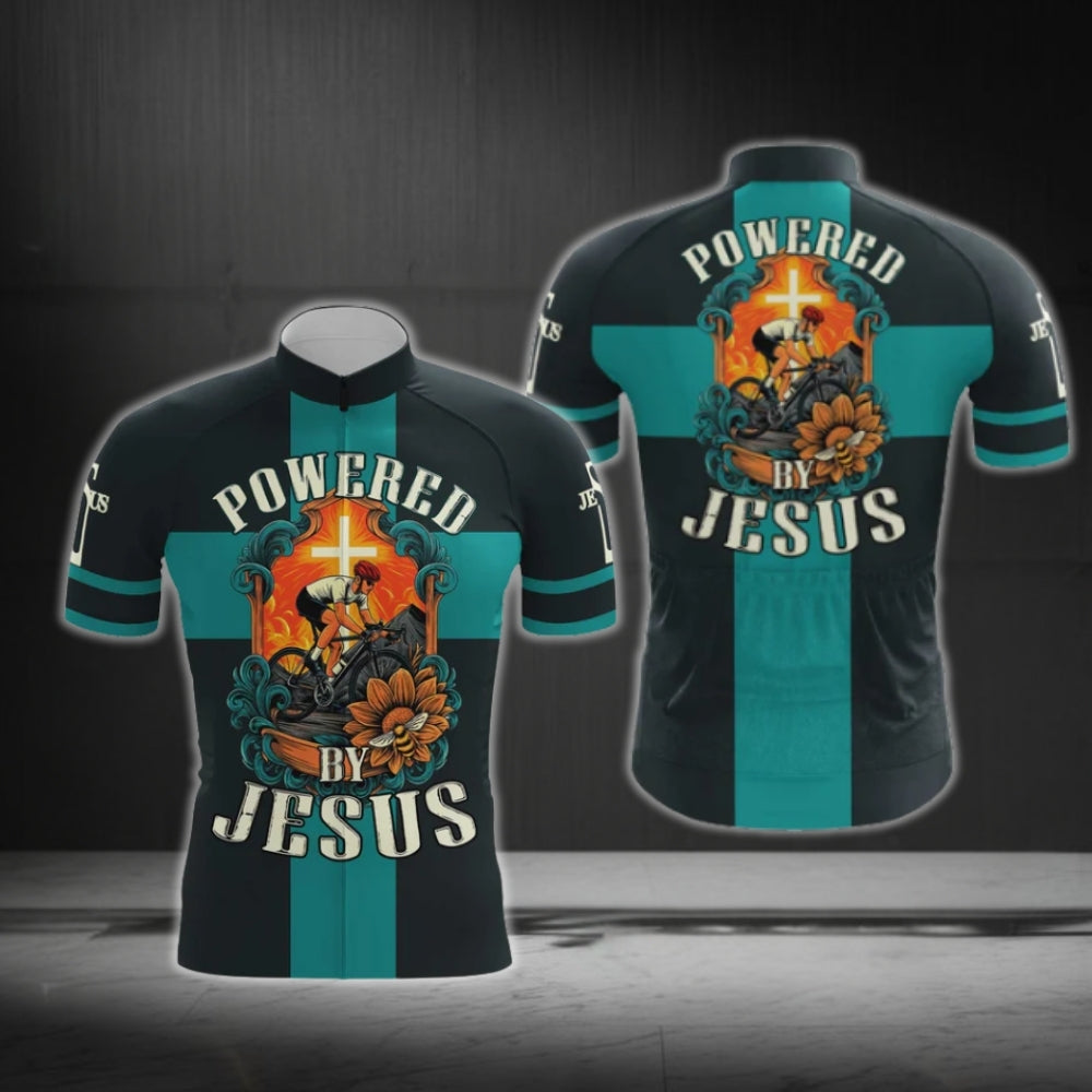 Powered By Jesus Black And Cyan Cycling Short Sleeve Men's Jersey, Christian Cycling Jerseys CG0529