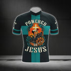 Powered By Jesus Black And Cyan Cycling Short Sleeve Men's Jersey, Christian Cycling Jerseys CG0529