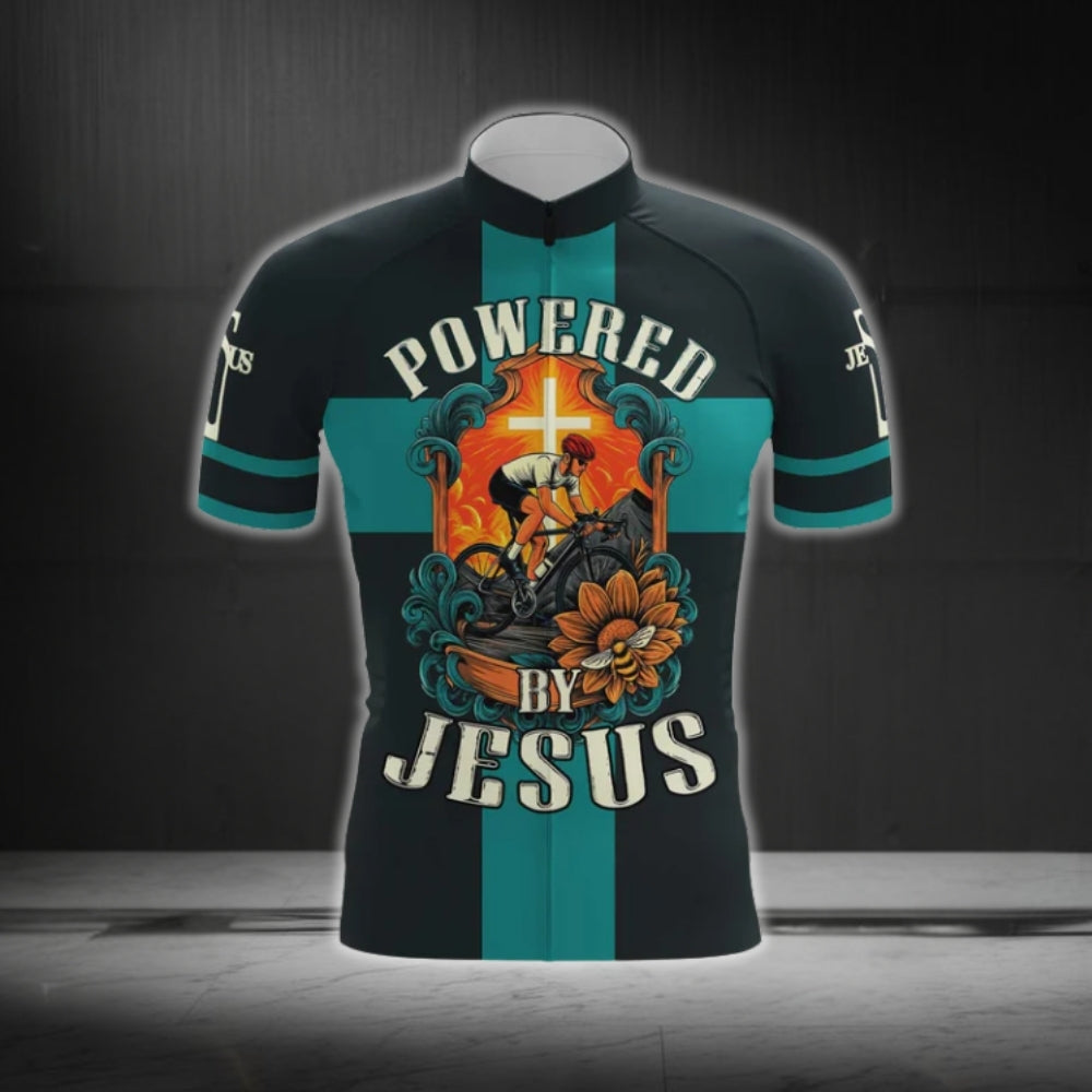 Powered By Jesus Black And Cyan Cycling Short Sleeve Men's Jersey, Christian Cycling Jerseys CG0529