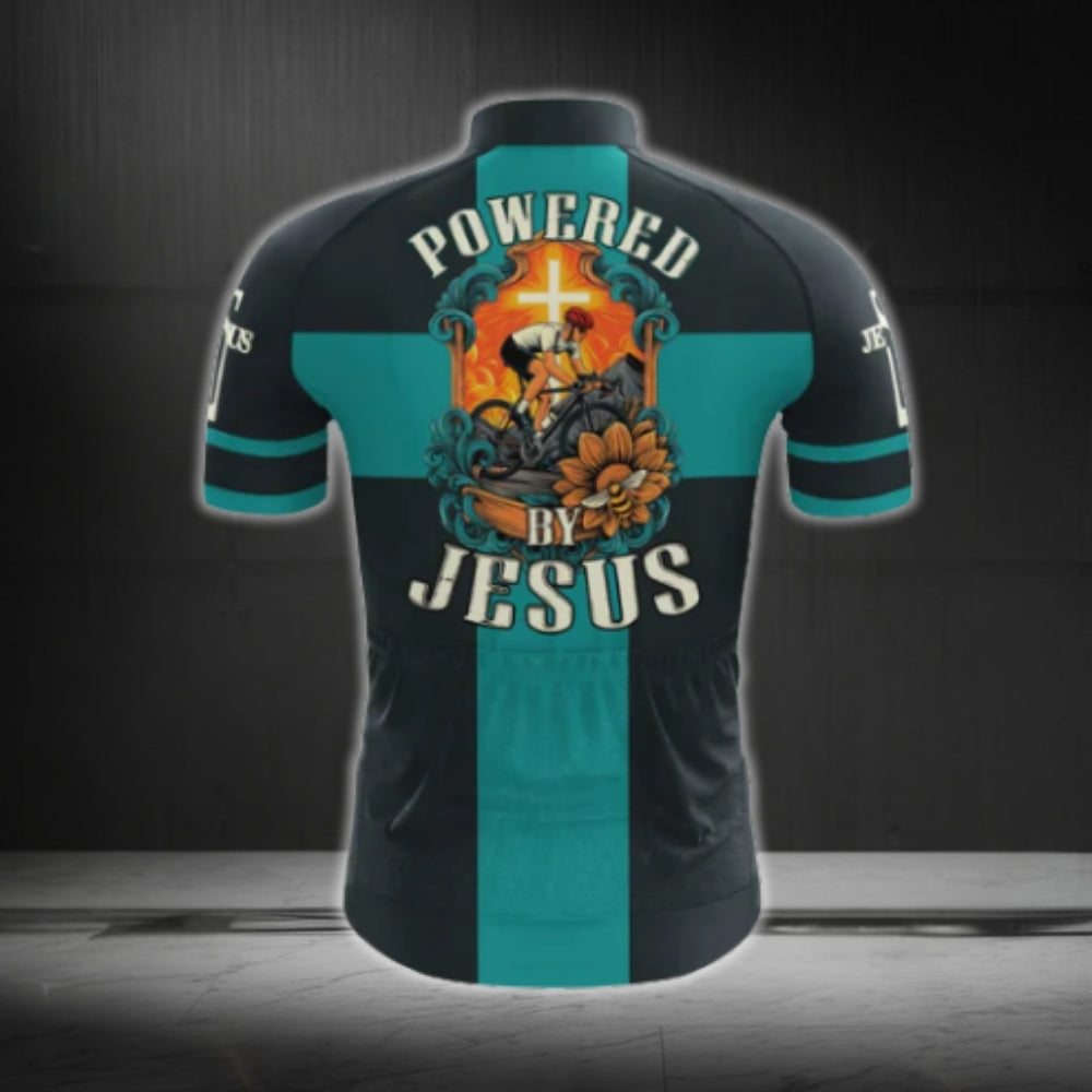 Powered By Jesus Black And Cyan Cycling Short Sleeve Men's Jersey, Christian Cycling Jerseys CG0529