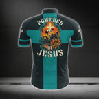 Powered By Jesus Black And Cyan Cycling Short Sleeve Men's Jersey, Christian Cycling Jerseys CG0529