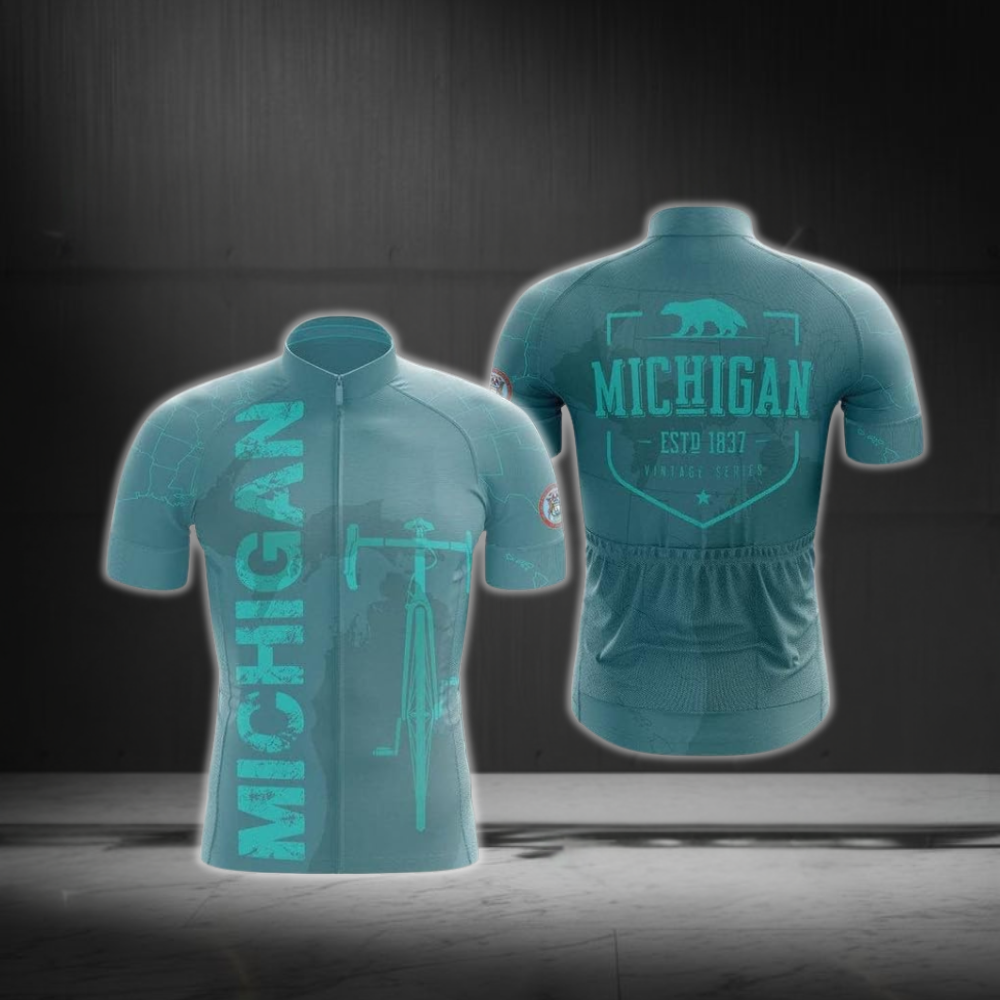 Michigan Cyan Cycling Short Sleeve Jersey For Men, Men's Michigan Cycling Jerseys CZ0124