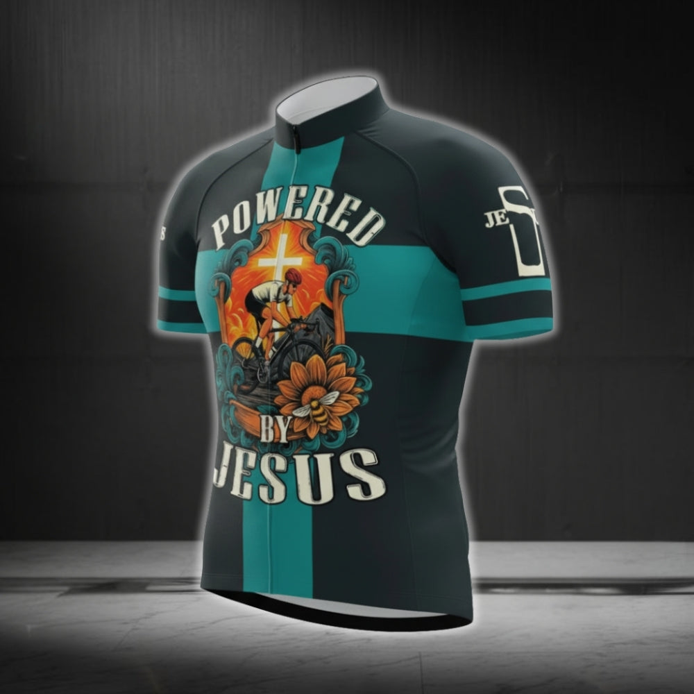 Powered By Jesus Black And Cyan Cycling Short Sleeve Men's Jersey, Christian Cycling Jerseys CG0529