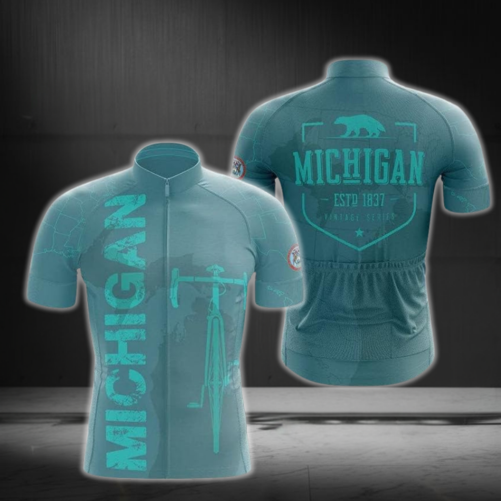 Michigan Cyan Cycling Short Sleeve Jersey For Men, Men's Michigan Cycling Jerseys CZ0124