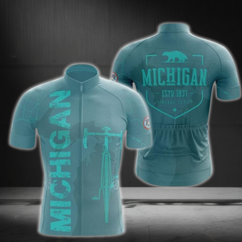 Michigan Cyan Cycling Short Sleeve Jersey For Men, Men's Michigan Cycling Jerseys CZ0124