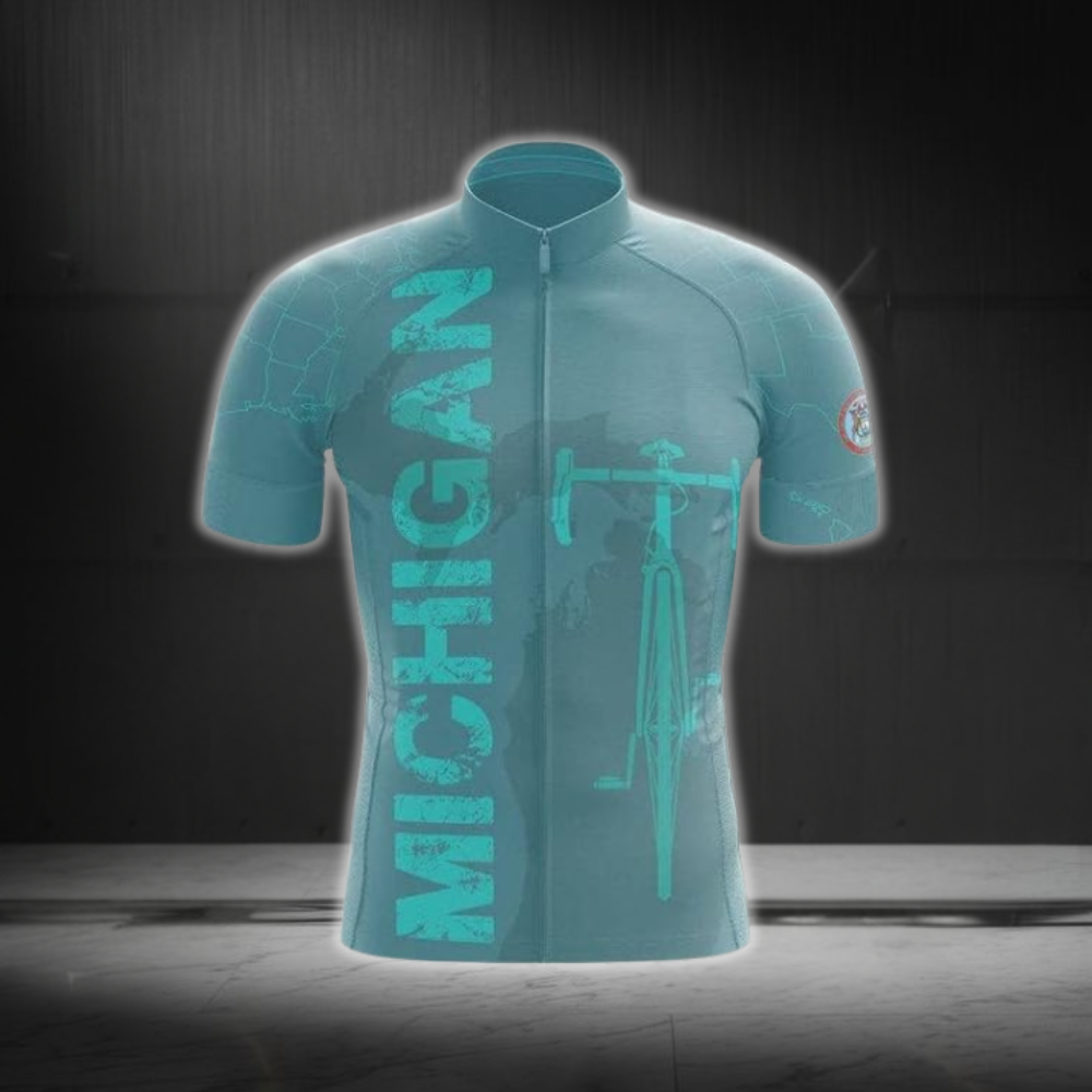 Michigan Cyan Cycling Short Sleeve Jersey For Men, Men's Michigan Cycling Jerseys CZ0124