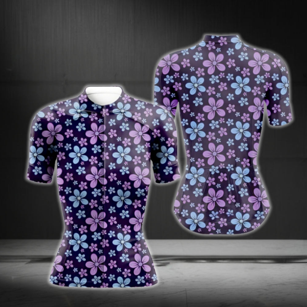 Women's Purple And Blue Flowers Cycling Short Sleeve Jersey, Floral Cycling Jerseys For Women CG0408