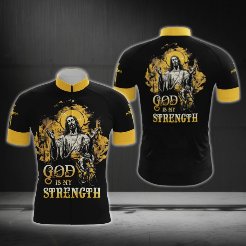 God Is My Strength Black And Yellow Cycling Short Sleeve Jersey Mens, God Christian Cycling Jerseys CG0530