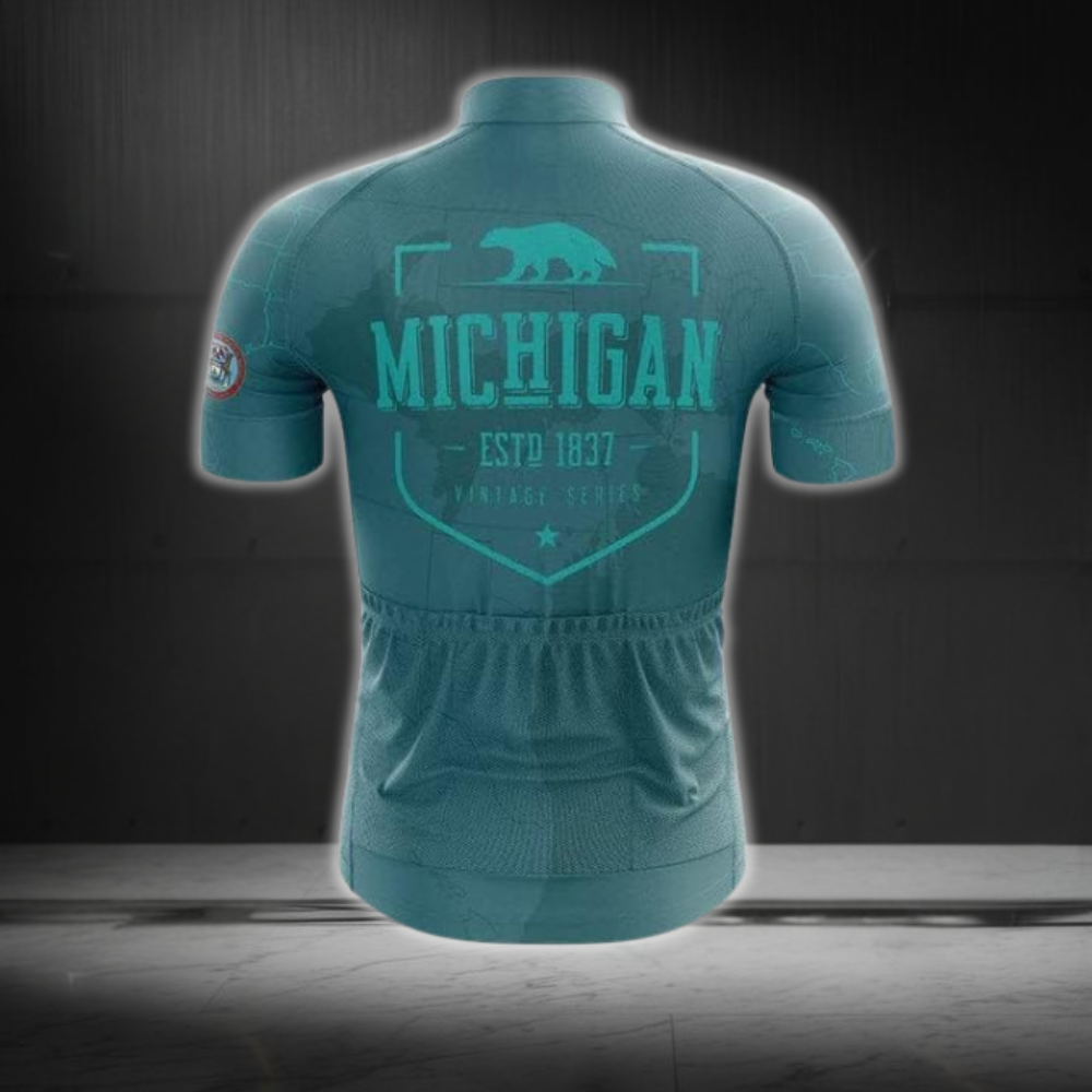 Michigan Cyan Cycling Short Sleeve Jersey For Men, Men's Michigan Cycling Jerseys CZ0124