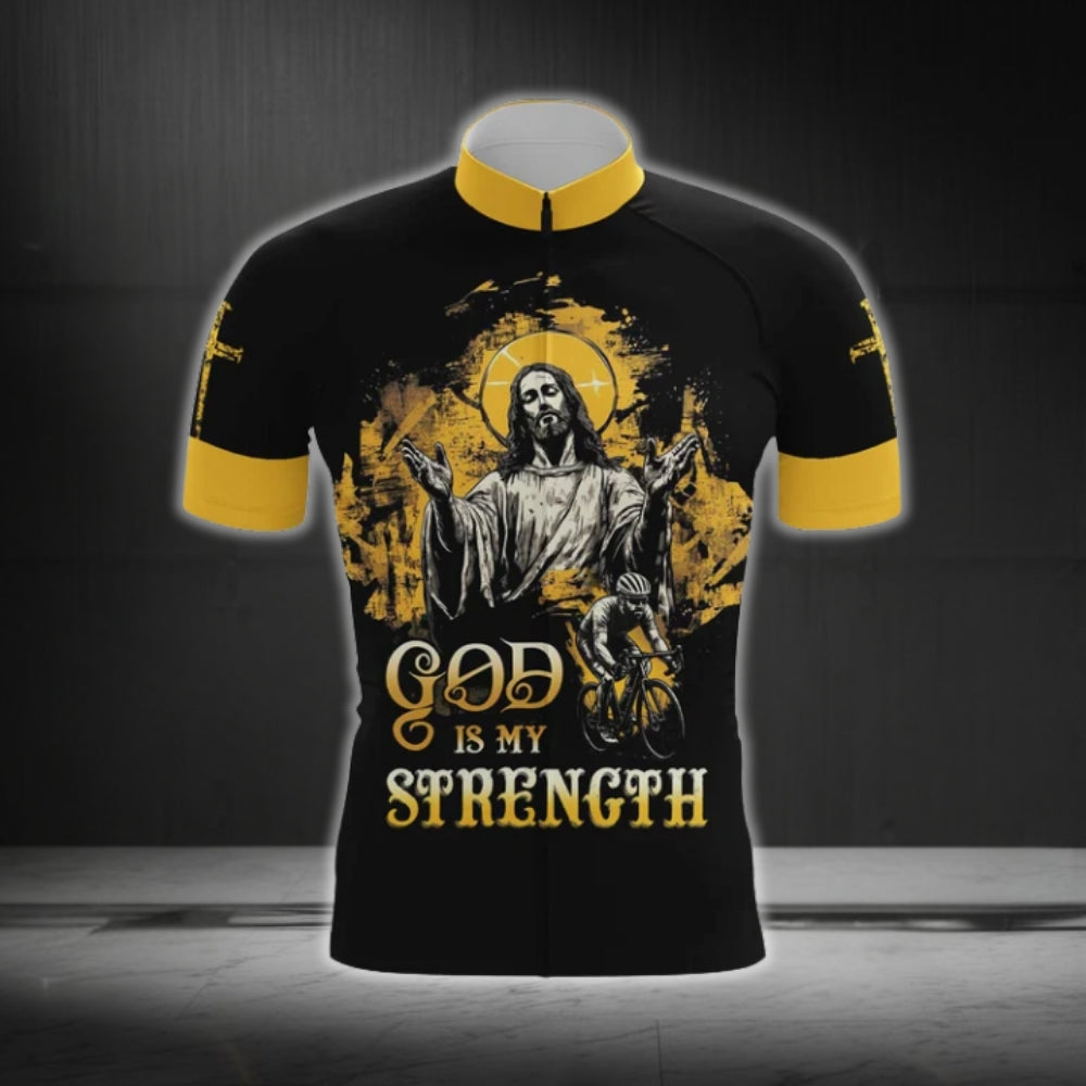 God Is My Strength Black And Yellow Cycling Short Sleeve Jersey Mens, God Christian Cycling Jerseys CG0530