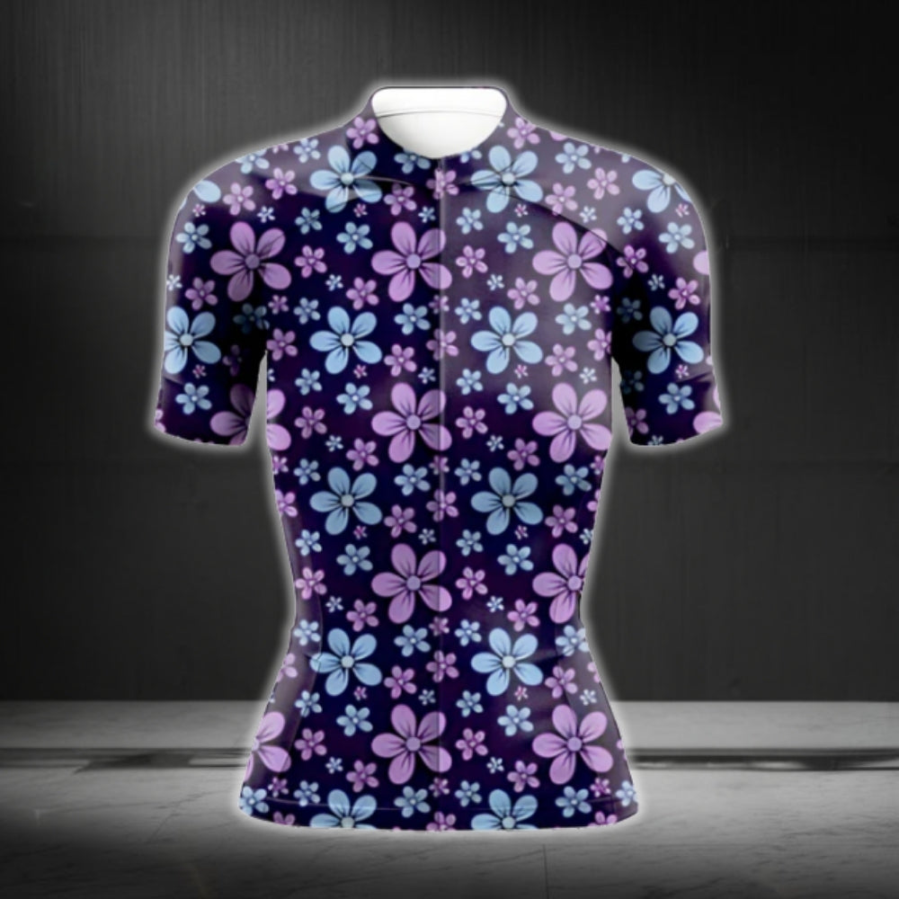 Women's Purple And Blue Flowers Cycling Short Sleeve Jersey, Floral Cycling Jerseys For Women CG0408