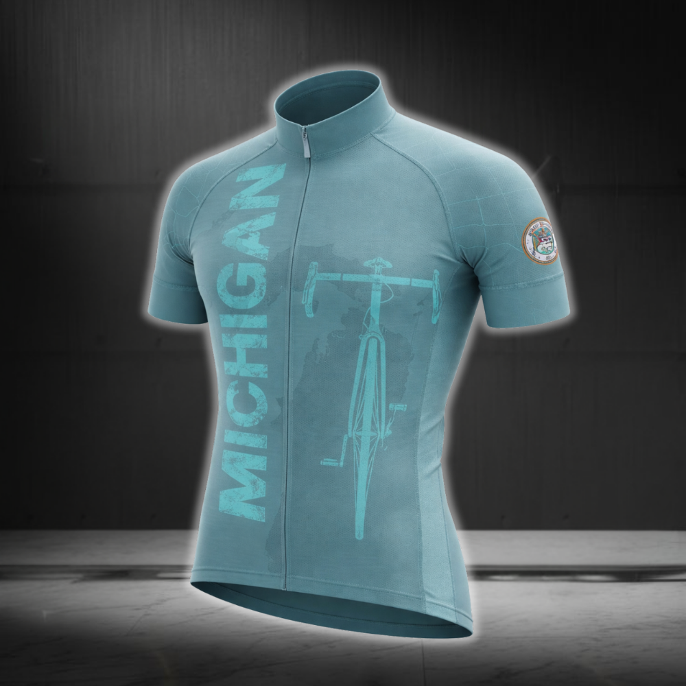 Michigan Cyan Cycling Short Sleeve Jersey For Men, Men's Michigan Cycling Jerseys CZ0124