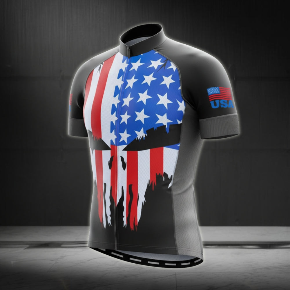 Skull USA Flag Men's Short Sleeve Cycling Jersey, Skull Patriotic Cycling Jersey CG0034