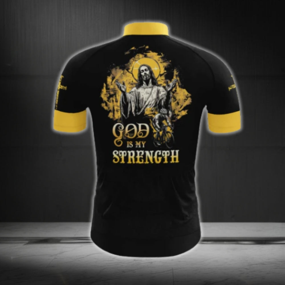 God Is My Strength Black And Yellow Cycling Short Sleeve Jersey Mens, God Christian Cycling Jerseys CG0530