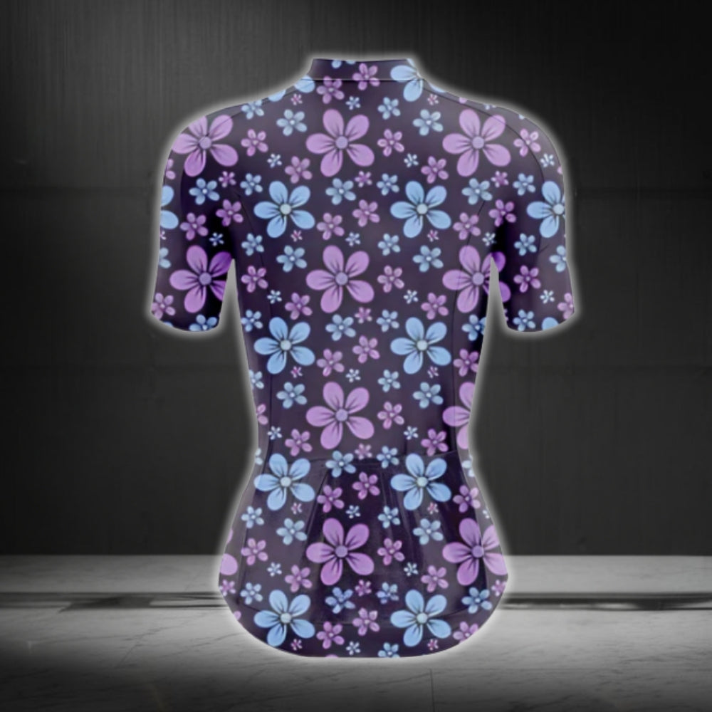Women's Purple And Blue Flowers Cycling Short Sleeve Jersey, Floral Cycling Jerseys For Women CG0408