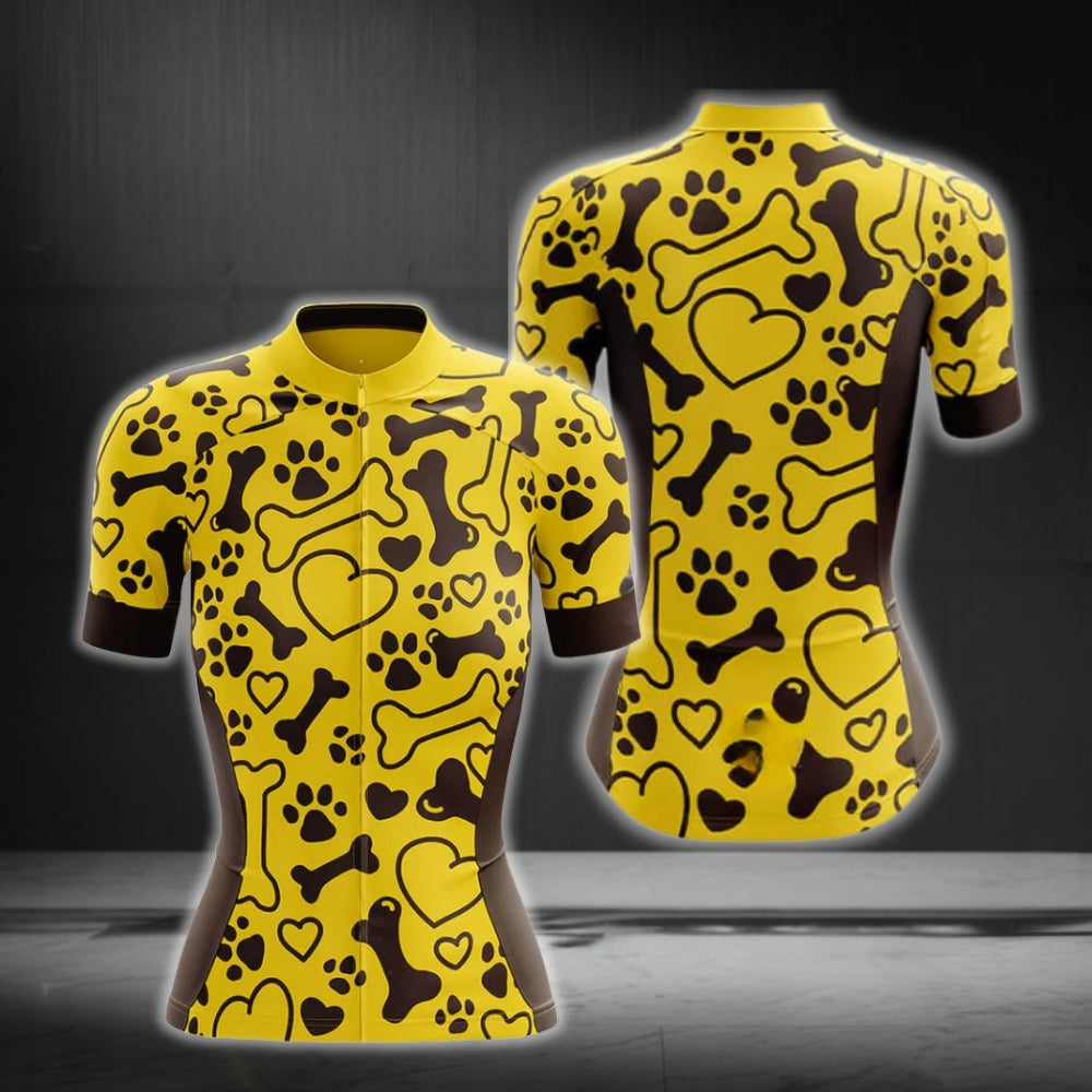 Black And Yellow Dog Paw Short Sleeve Cycling Jerseys Women, Dog Lovers Cycling Jerseys For Ladies CG0183