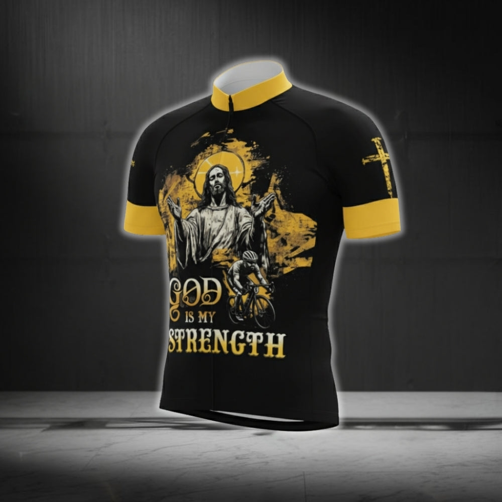 God Is My Strength Black And Yellow Cycling Short Sleeve Jersey Mens, God Christian Cycling Jerseys CG0530