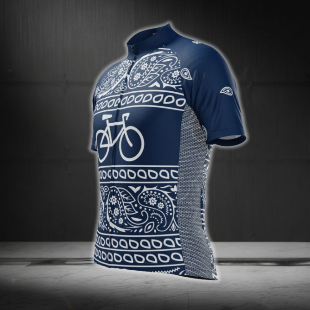 Bandana Blue White Cycling Short Sleeve Jersey For Men, Bandana Cycling Jerseys CG0782
